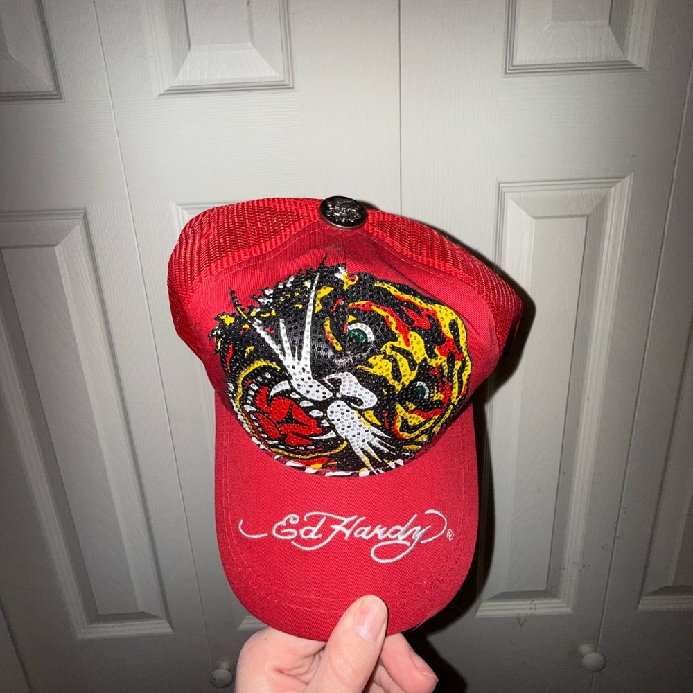 Ed Hardy Red Graphic Cap Rhinestone